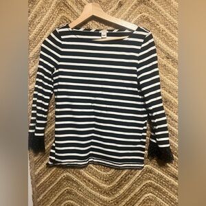 J.Crew Women's Black & White Striped Blouse with Polka Dot Tulle Cuffs,Sixe XS